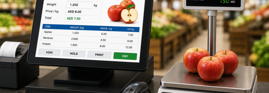Integrated POS billing system with digital weighing scale in supermarket checkout by trusted weighing scale supplier for faster and accurate retail billing.