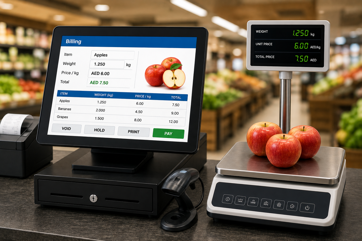 How to integrate your POS system with a weighing scale for faster billing 1 Integrated POS billing system with digital weighing scale in supermarket checkout by trusted weighing scale supplier for faster and accurate retail billing.