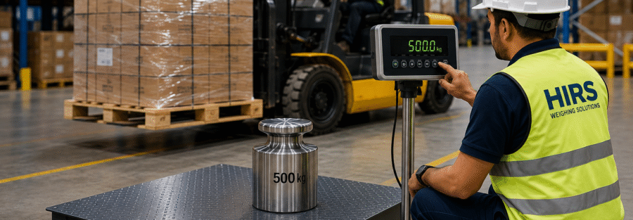 Static weighing system dealer performing calibration of a platform scale in a busy warehouse environment