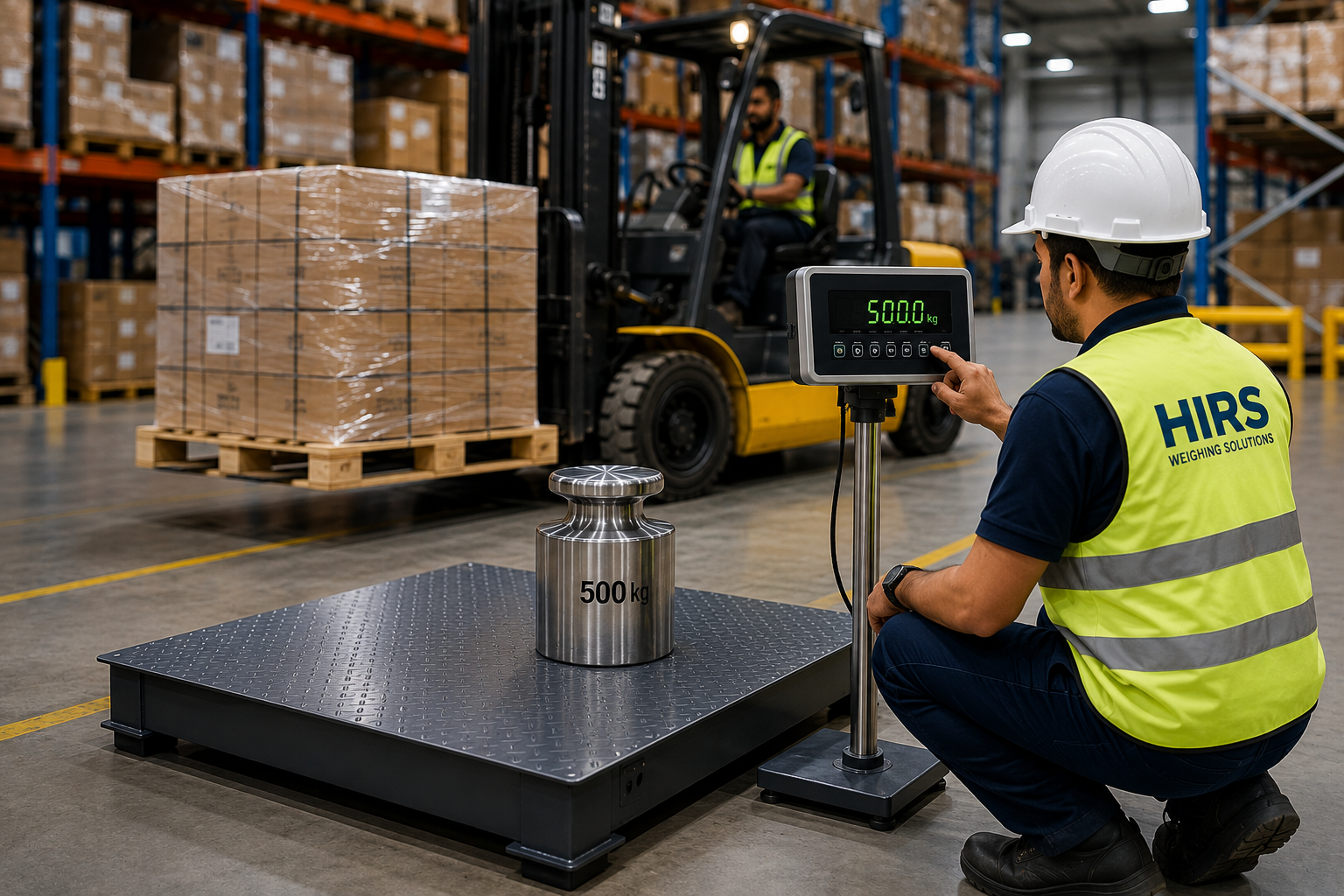 Static weighing system dealer performing calibration of a platform scale in a busy warehouse environment