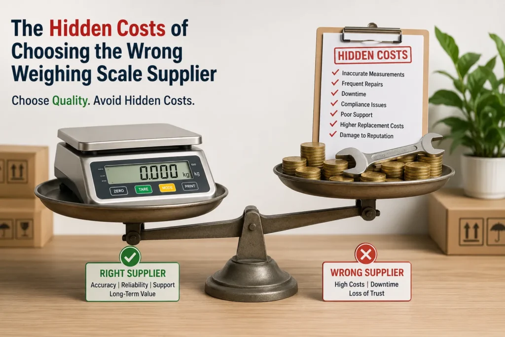 The Hidden Costs of Choosing the Wrong Weighing Scale Supplier 1 Comparison of a reliable weighing scale supplier versus a poor supplier, highlighting the hidden costs of inaccurate measurements, downtime, repairs, and compliance issues in industrial weighing operations.