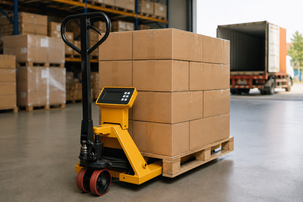 How a Pallet Truck Scale Helps to Reduce Shipping Disputes for UAE Freight Forwarders 1 Pallet truck scale in a logistics warehouse supplied by a trusted truck scale dealer.
