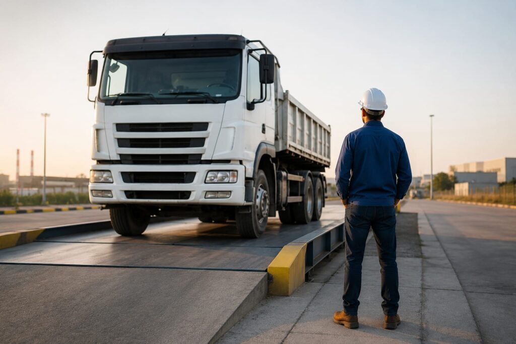 Professional weighbridge dealer inspecting a truck on a weighbridge in an industrial facility