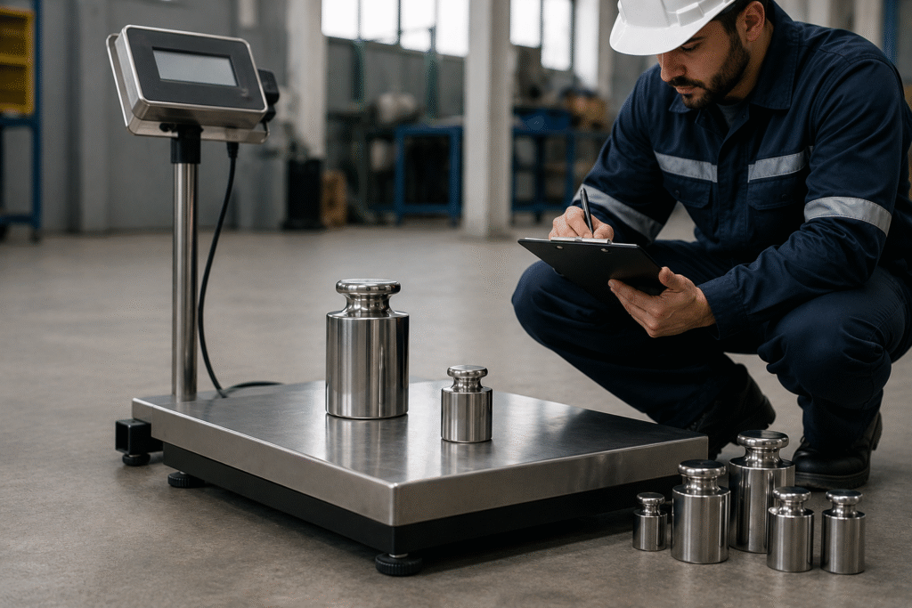 Weighing scale supplier technician performing calibration and verification of an industrial platform scale using certified test weights to ensure measurement accuracy and compliance in a warehouse environment.
