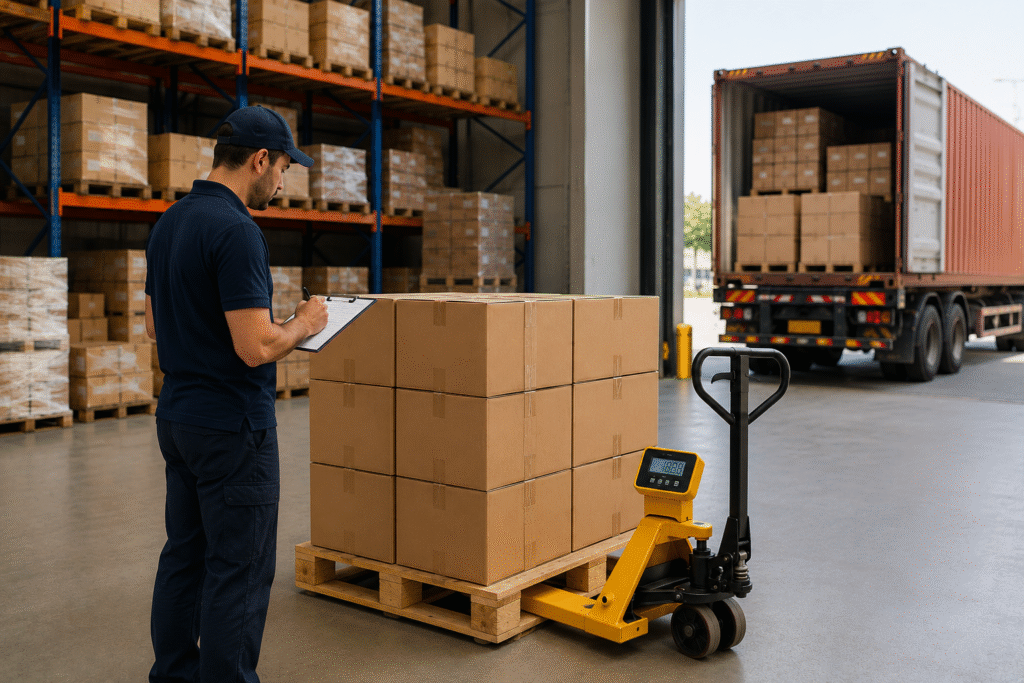 Truck scale dealer solution for freight forwarding operations, showing a pallet truck scale weighing palletized cargo in a warehouse before shipment loading to improve weight accuracy and reduce shipping disputes.