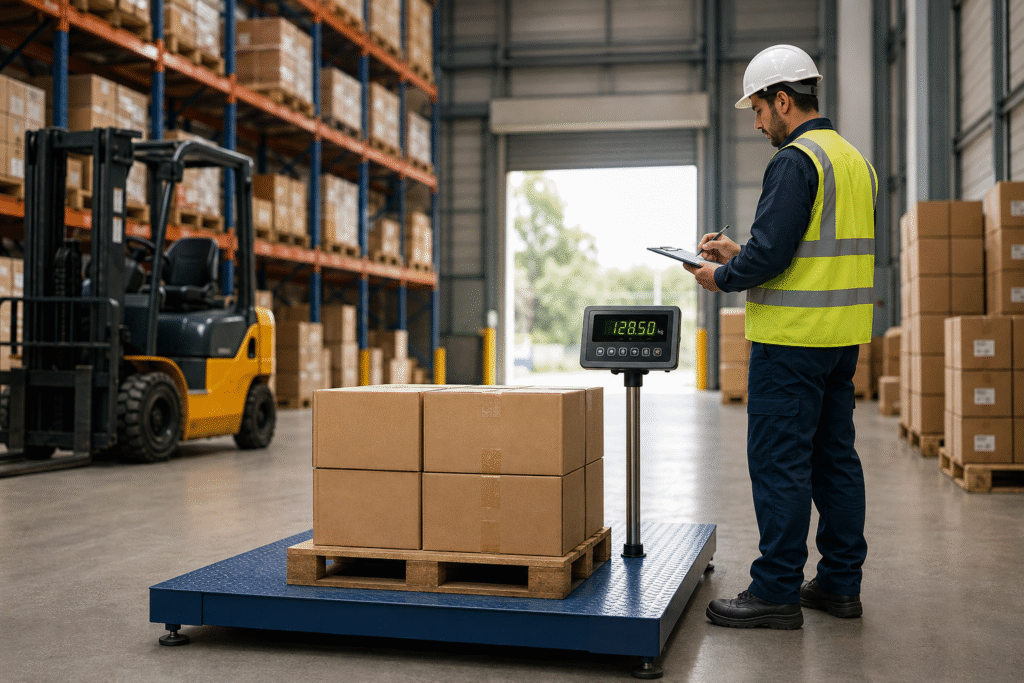 Warehouse worker inspecting palletized goods on an industrial platform scale from a weighing scale supplier.