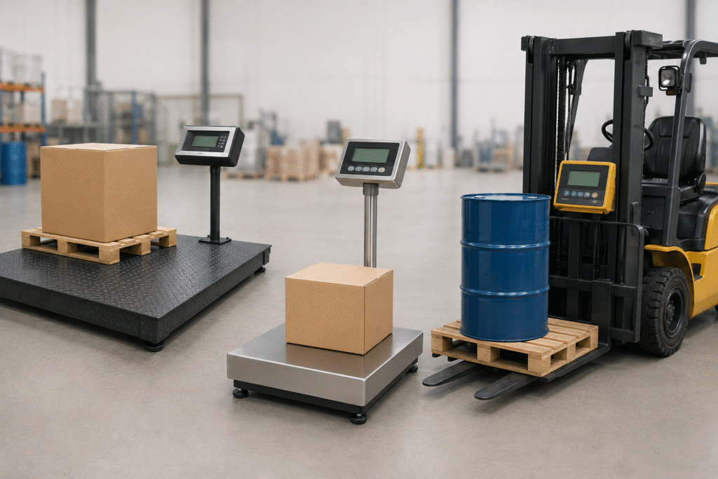 Industrial scale supplier showcasing floor scales, platform scales, and a forklift scale with palletized loads in a modern warehouse for accurate industrial weighing.