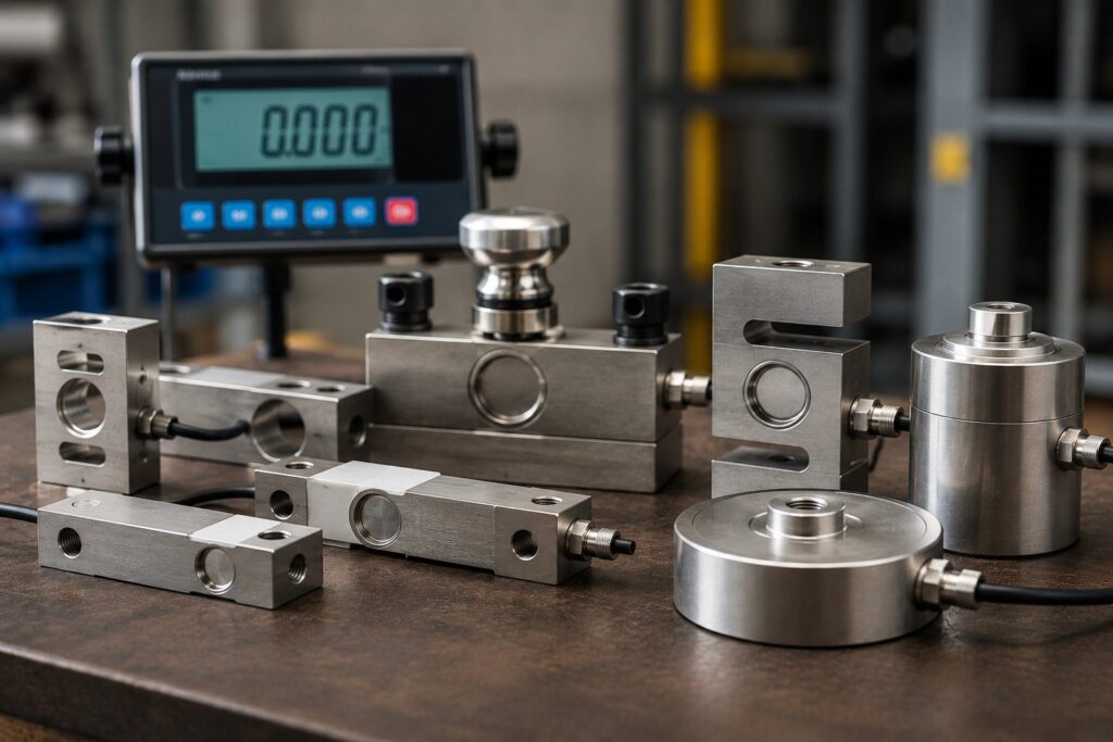 Different types of industrial load cells displayed by a trusted weighing scale supplier.