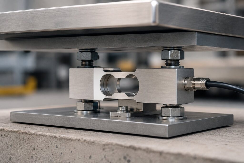 Load cell installed in an industrial weighing system by a trusted weighing scale supplier.