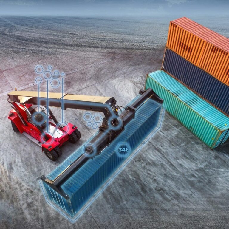 Weighing scale supplier showcasing a reach stacker with an integrated container weighing system for accurate SOLAS VGM verification, enabling safe and efficient container handling at port terminals.