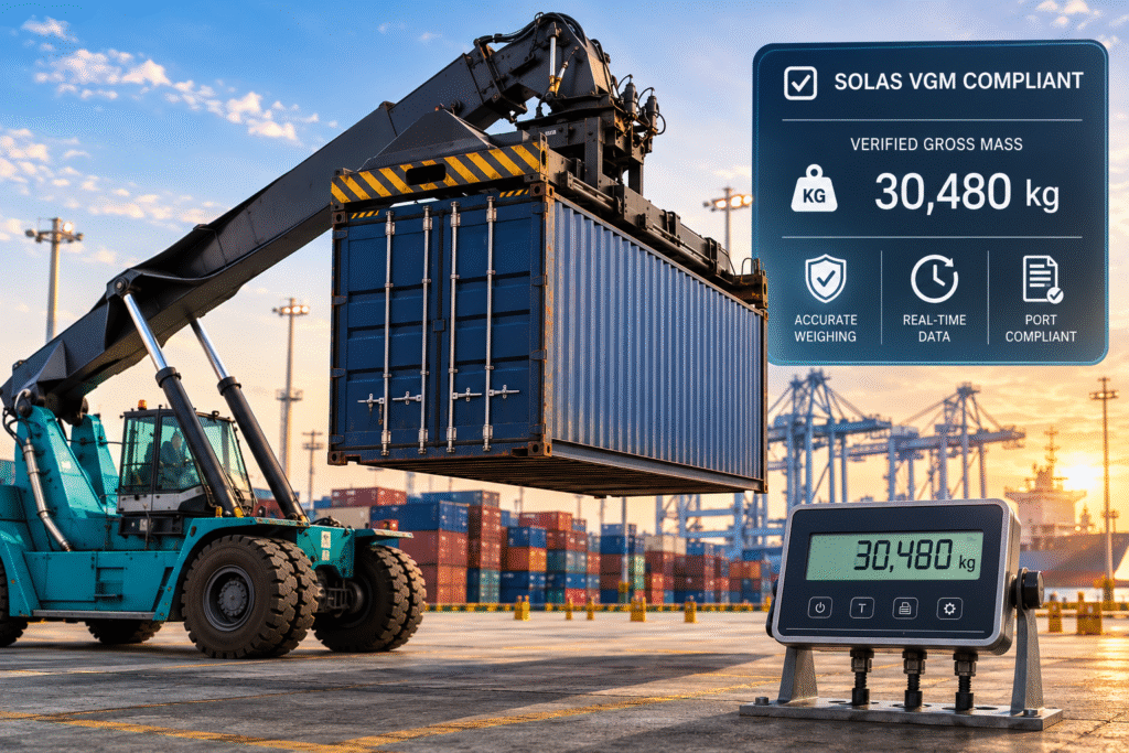 Weighing scale supplier providing SOLAS VGM-compliant container stacker weighing systems at a busy port, with a reach stacker lifting a shipping container and a digital weight indicator displaying verified gross mass for accurate port operations.