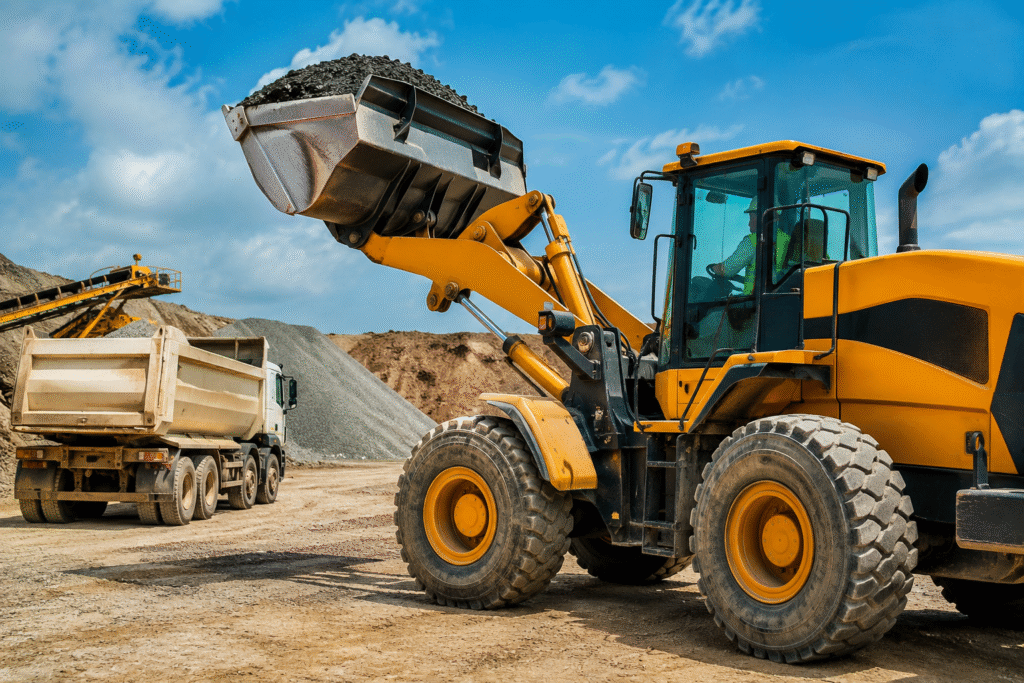 Wheel Loader Scales Explained: Real-Time Weighing for Construction & Mining Sites 1 Dynamic weighing system supplier showcasing a wheel loader loading aggregate into a dump truck at a construction and mining site for accurate real-time material weighing and efficient load management.
